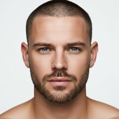 Fototapeta premium A man with a buzz cut, short beard, and blue eyes, wearing a plain shirt, looking seriously at the camera with a strong jawline and smooth skin.