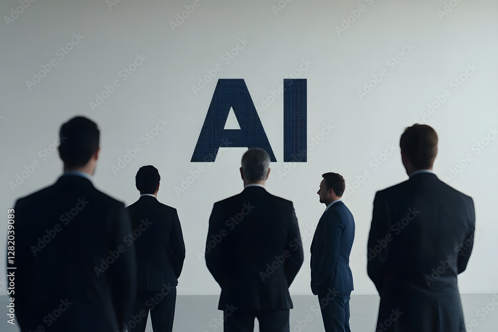Poster a group of professionals stands before a large sign that reads 'ai,' hinting at a meeting or discuss