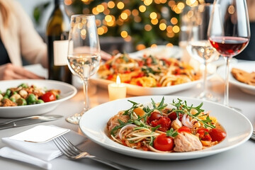 Dinner gathering featuring pasta dishes and wine under warm ambiance with lights