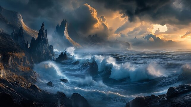 A dramatic stormy coastline with large waves crashing against jagged rocks, dark clouds rolling in, and dramatic lighting