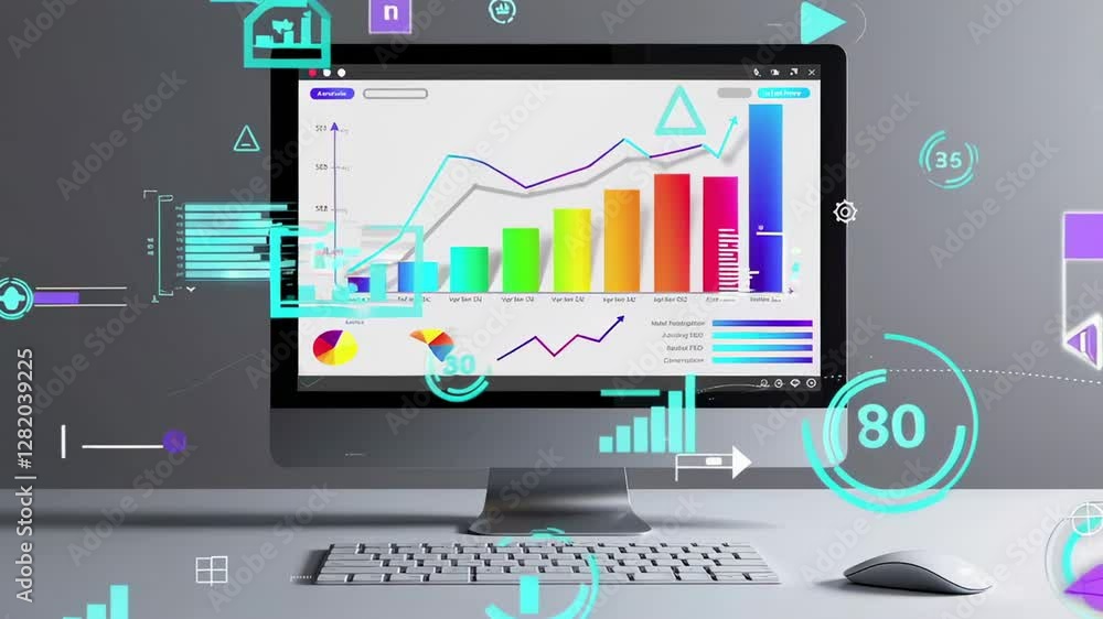 Fototapete Growing bar and line charts displayed on a computer screen, surrounded by digital icons and data visualizations, suggesting increasing business success in a slow motion sequence