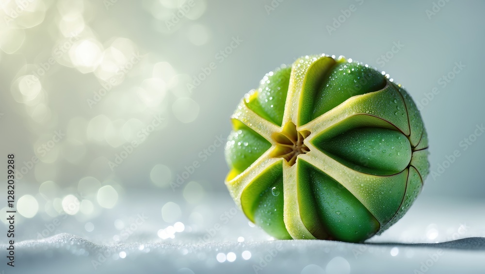 Poster decorative melon with intricate design and water droplets captured in soft lighting and blurred back