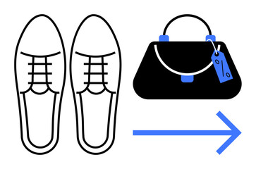 Pair of shoes next to a handbag with a tag and rightward blue arrow. Ideal for shopping, fashion, travel, organization, wayfinding, retail, and transportation themes. Abstract line flat metaphor