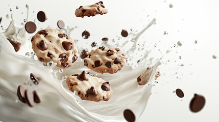 Fototapeta premium Sweet Symphony: A delicious dance of chocolate chip cookies amidst a splash of creamy delight. capturing the essence of a perfect snack or a moment of indulgence.