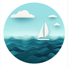 Fototapeta premium Tranquil Sailing Scene with Paper Cut Waves and Clouds in Blue