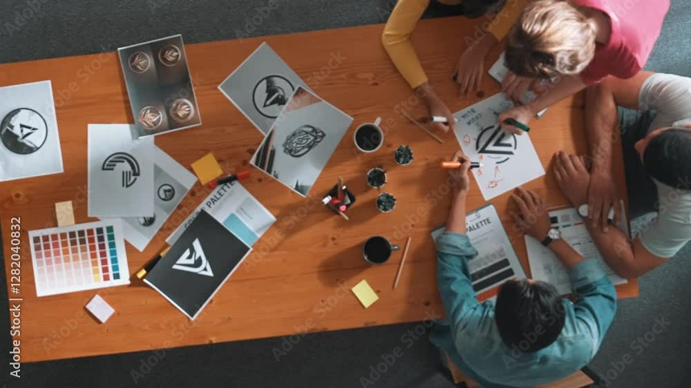 Poster top view of business people working together to choosing color from color palette. project manager p