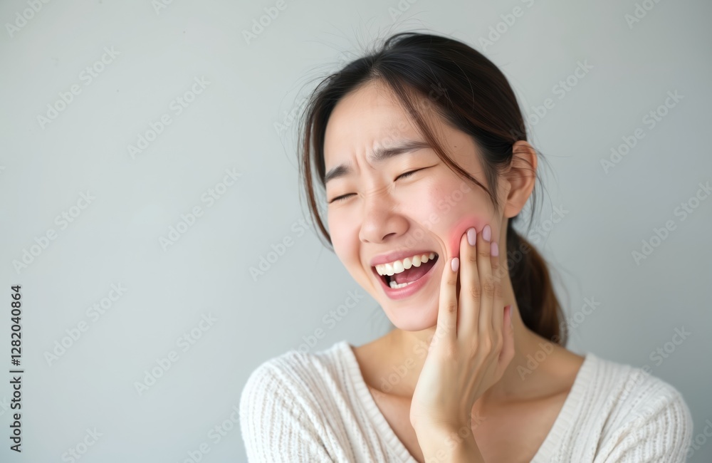 Wall mural Asian woman suffers from toothache due to tooth decay, gingivitis. Girl experiences sensitive teeth discomfort, health problems. Touching cheek. Oral hygiene instruction, dental treatment, care.