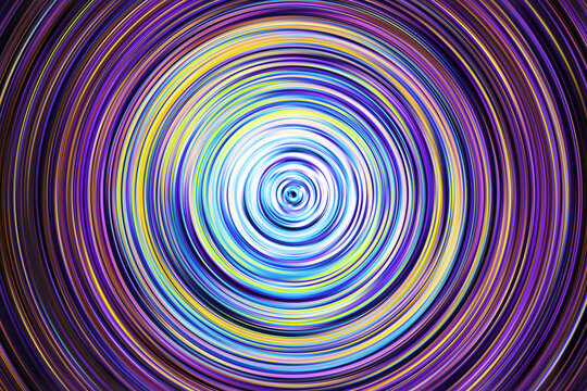 Neon circle lines with empty copy space isolated on black background. Colorful led lights long exposure rotation photo. Eco shiny light glow. Cosmos space planet abstraction. Purple vortex spiral.