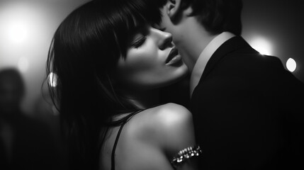 Whispers of Affection: Intimate monochrome shot of a woman leaning into a man whispering secrets at a dimly lit event, evoking passion and secrecy.