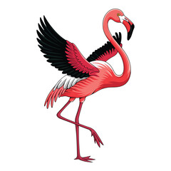 A vector illustration of a single flamingo with bright pink feathers and a long neck. The flamingo is standing on one leg and is positioned against a white backdrop. The flamingo's eyes are dark