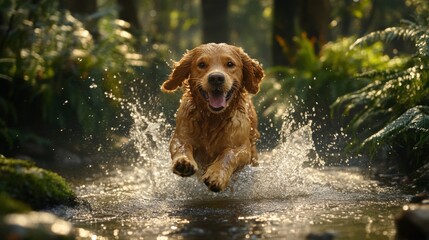 Golden Retriever joyfully running through a forest stream