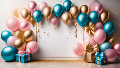 pink blue and gold balloons and bows on a white background photo zone for birthday postcard