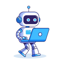 The robot works on a laptop. Artificial intelligence in business. Machine learning. Vector illustration