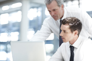 Office, business people and mentor with laptop for solution, investment mistake and tax...