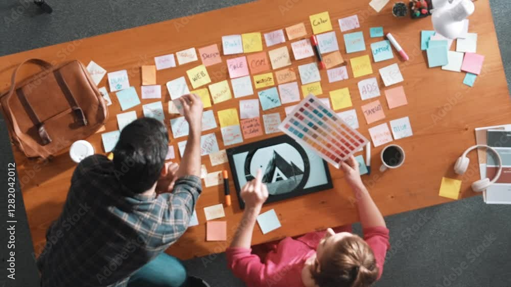Poster top view of business people working together to choosing color from color palette. project manager p