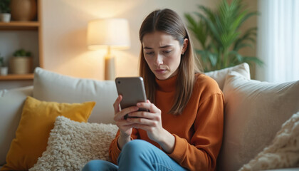 Upset caucasian woman holds cellphone reading bad news at home. Frustrated troubled girl looks at smartphone screen with negative reaction, failure, losing online game. No connection. Bankruptcy