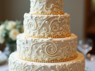 Luxurious four tier wedding cake decorated with intricate lace-like frosting