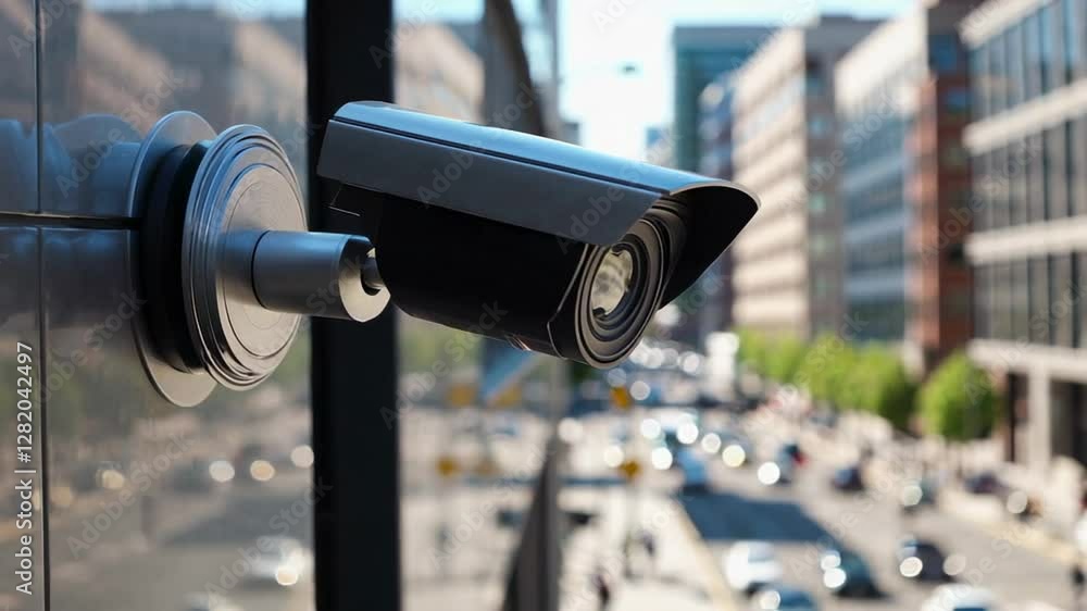 Poster city street bustling with security cameras monitoring traffic flow, capturing urban movement in slow