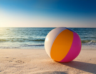 Obraz premium colorful beach ball resting on the sand at noon