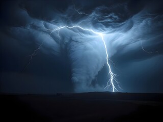dramatic and powerful tornado. Lightning thunderstorm flash over the night sky. Concept on topic weather, cataclysms (hurricane, Typhoon, tornado, storm). Stormy Landscape
