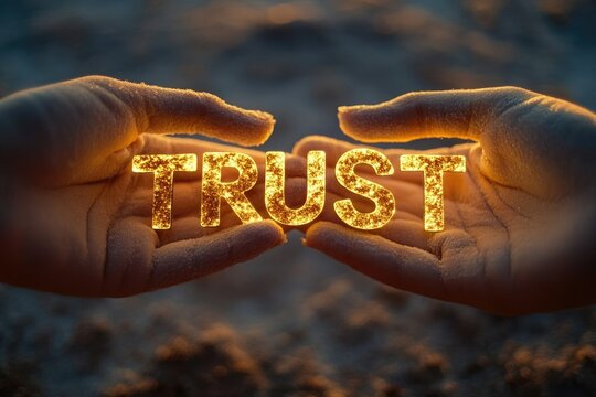 Glowing word TRUST held gently in two hands, symbolizing faith and confidence.