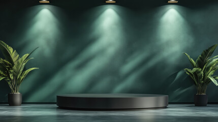Obraz premium Sophisticated Glossy Dark Green Podium Positioned Against a Matte Forest Green Wall Background Accented by Directional Spotlights for a Bold Product Exhibition
