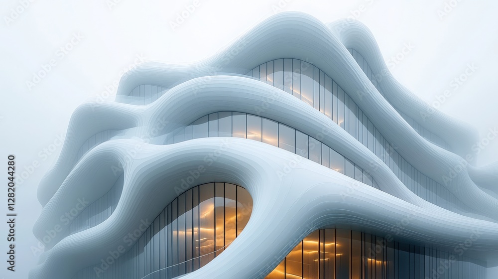 Poster modern architectural design featuring fluid shapes and soft curves under a cloudy sky
