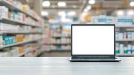 laptop with blank white screen. Background blurred white desk pharmacy shop