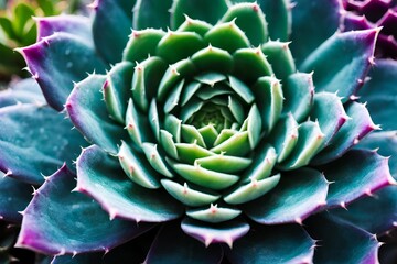 Obraz premium Succulent cactus background. Close up of teal and purple succulent cactus leaves texture wallpaper. Printable wall art. 