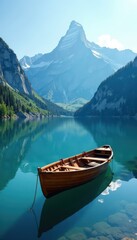 Obraz premium Boat on lake surface reflected in calm mountain water, scenery, stillness, serene