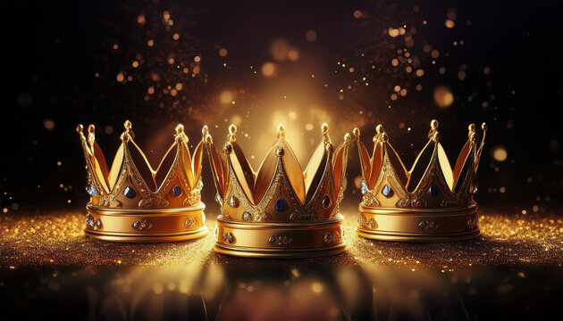 epiphany day or dia de reyes magos concept three gold crowns on black background with golden particles