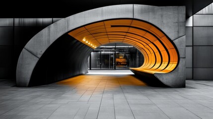 Modern curved architecture, futuristic and sleek building design, smooth flowing lines, metallic and glass surfaces, artistic urban aesthetic
