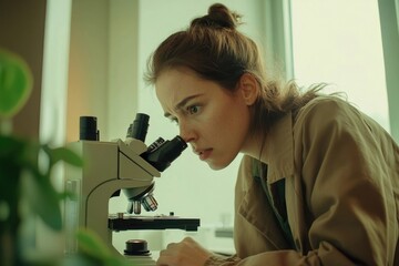 A focused young woman intently examines a sample through a microscope, engrossed in scientific research.
