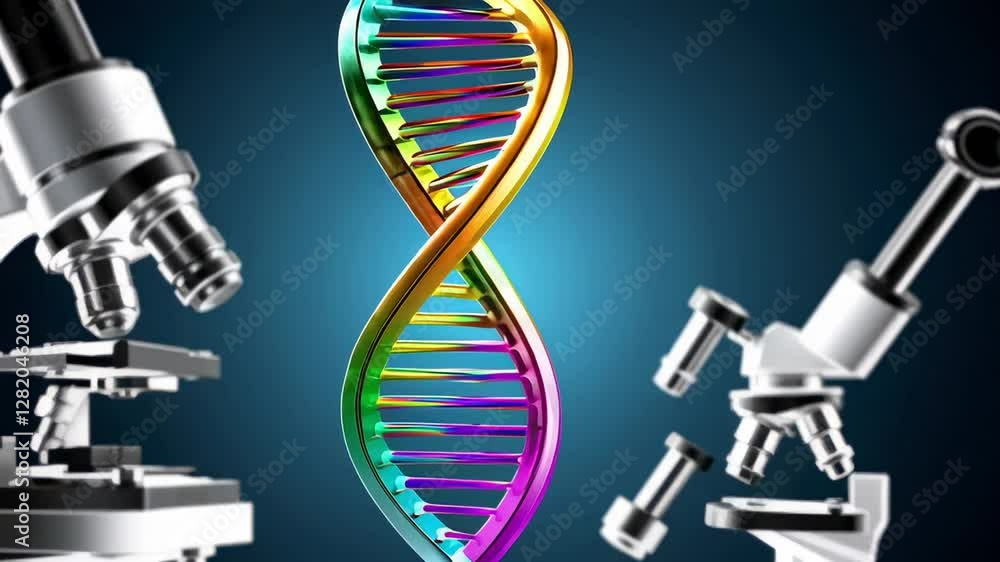 Poster rotating colorful dna double helix spinning near professional laboratory microscope, revealing intri