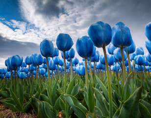 blue tulips blooming in a field under a cloudy sky