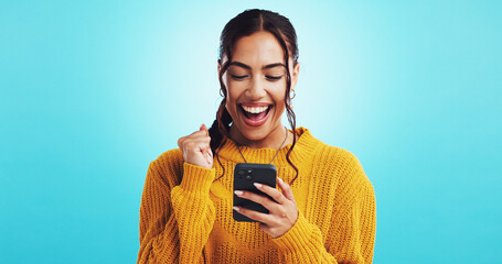 Woman, celebrate and phone for success in home, lottery winner and online competition achievement....