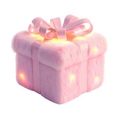 Fluffy 3D Cartoon Gift Box with Glowing Ribbons Isolated on Transparent Background