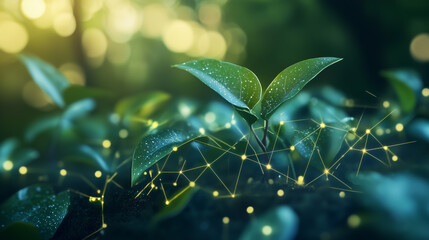 Growth and Connection: A vibrant sprout, representing growth and sustainability, is interwoven with a network of interconnected nodes, symbolizing the convergence of nature and technological progress.