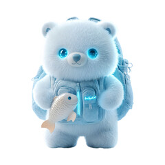 Fluffy 3D Cartoon Backpack with Glowing Zippers Featuring a White Teddy Bear Holding a Fish Isolated on Transparent Background