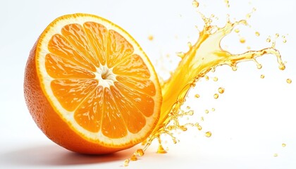 Half of ripe orange fruit, orange juice splash isolated on white background. Sweet tropical citrous vitamin c source refreshment for healthy diet. Bright colors, cut piece full of freshness.