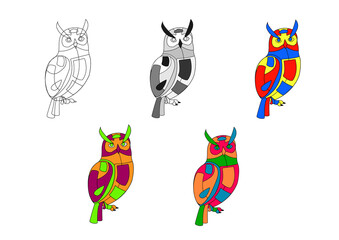 art five owls in different colors