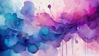 Fototapeta premium Watercolor chaos of vibrant hues, with blurred splashes in shades of blue, purple, and pink, creating a dynamic, abstract composition full of fluidity and color energy. 