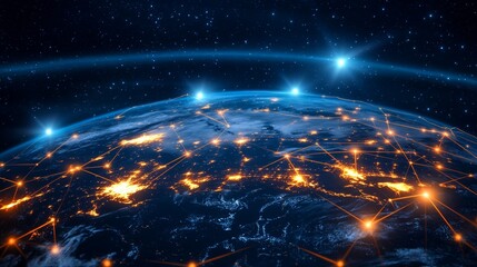 Obraz premium The world displays a network of global connections and the lights of its cities