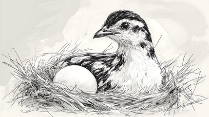 Detailed pen and ink sketch of a hen in a nest, the egg emerging, fine, delicate strokes capturing the texture of the feathers and smooth egg, light shading around the nest, soft directional light,