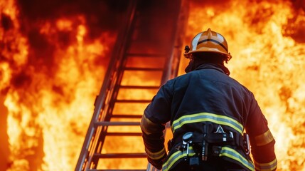 A firefighter ascends a ladder towards a blazing fire, showcasing bravery and the urgency of firefighting efforts in a dangerous scenario.