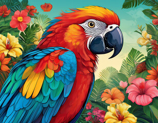 Fototapeta premium macaw in a garden of colorful blooms digital painting parrot flowers tropical macaw painting