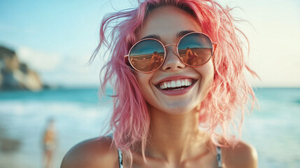 Portrait of a beautiful young laughing happy woman with pink hair and sunglasses on the beach.