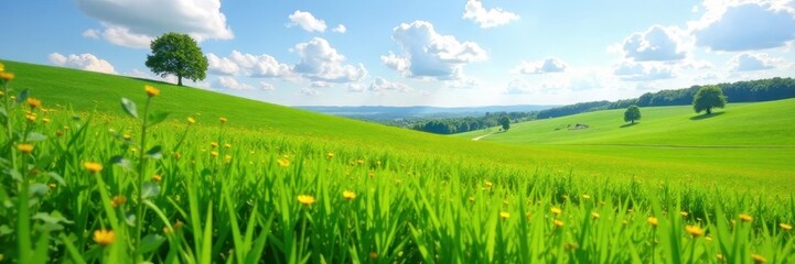 Naklejka premium Landscape of Torilis arvensis in a green meadow, grasslands, natural scenery