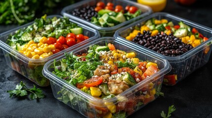Obraz premium Four plastic tubs loaded with fresh vegetable salads