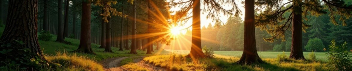 Morning sun casts dappled light through pine trees, natural light, shadowy